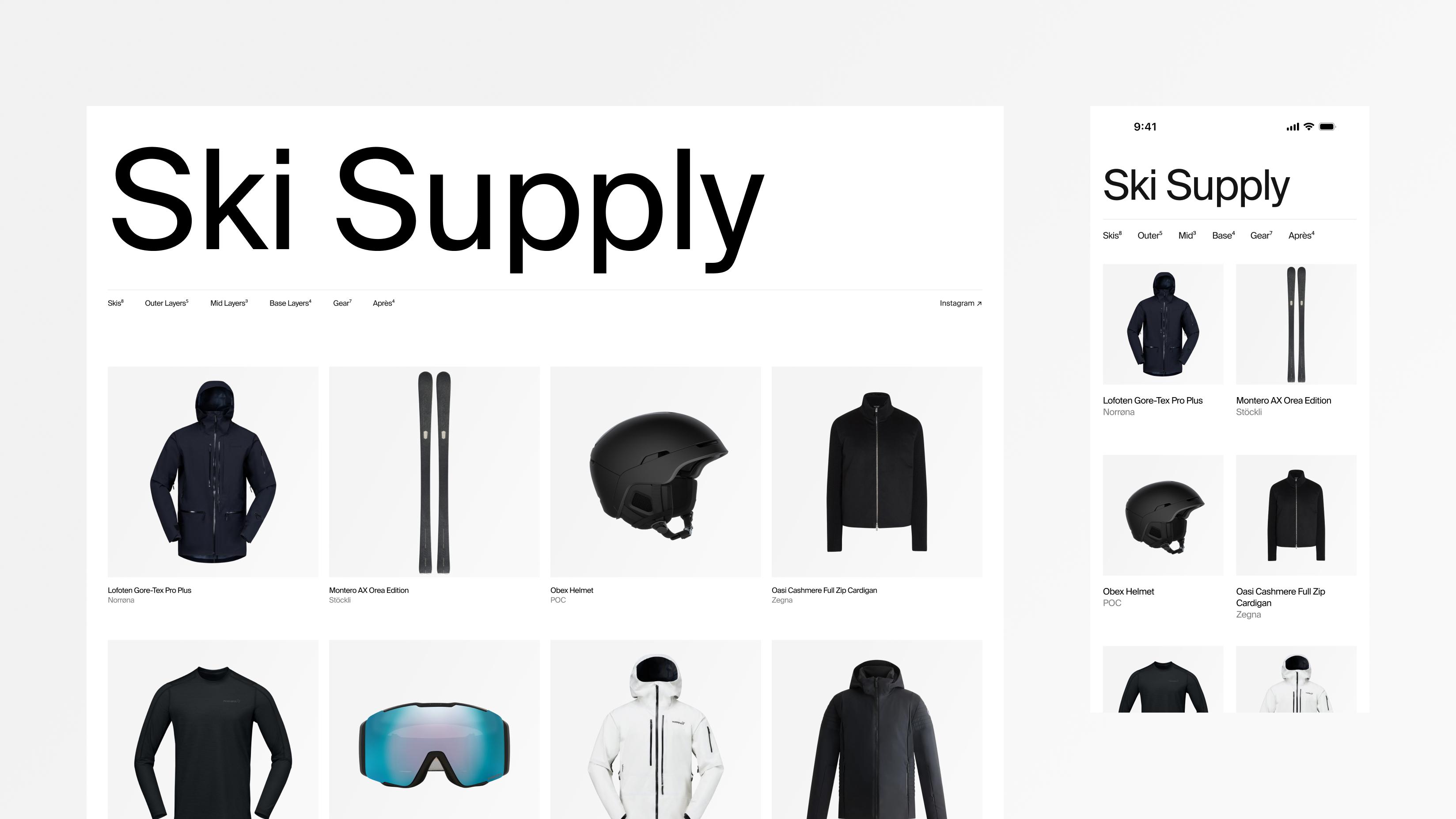 Ski Supply’s new collection grid on desktop and mobile, with skis, outerwear, and accessories